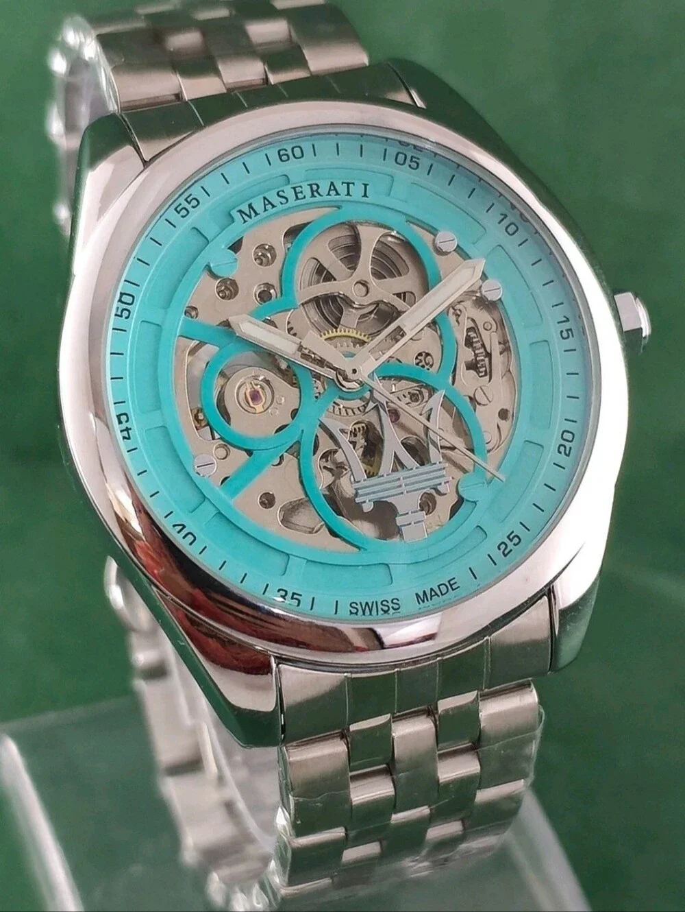 Maserati Skeleton Dial Stainless Steel Watch - Turquoise Accents Refurbished